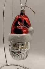 Vintage MCM German Mercury Hand Blown Glass Glittered Santa Head 5" Ornament