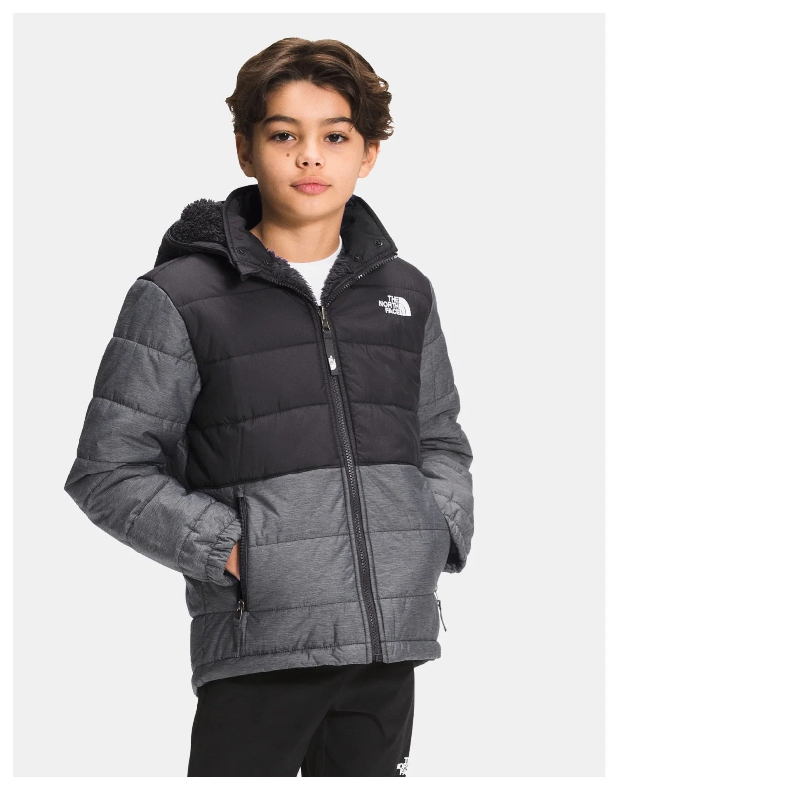 THE NORTH FACE Mount Chimbo Youth Boy L Black/Gray Reversible Jacket Puffer Cozy