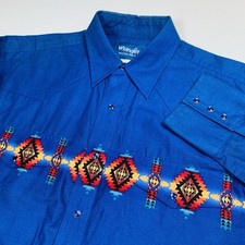 Wrangler Southwestern Pearl Snap Shirt Mens L Blue Aztec Cowboy Pockets MC1114M