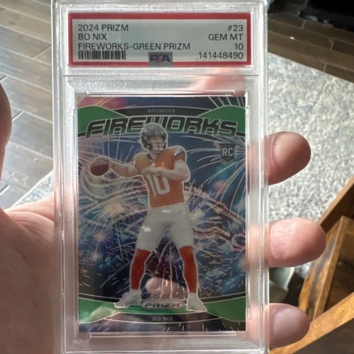 Panini Prizm Fireworks Bo Nix #23 Green Prizm PSA 10 Rookie Denver Broncos Card
