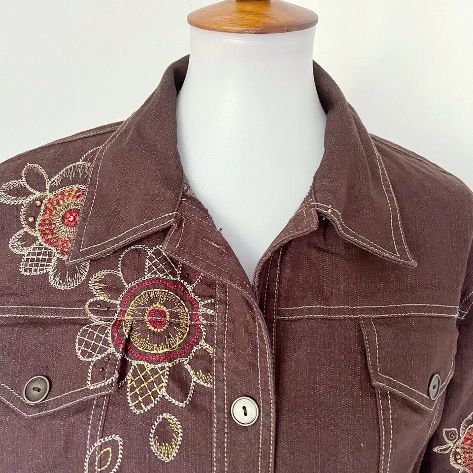 Vtg Y2K Jacket Women 16 Brown Floral Embroidered Beaded Boho Festival Cowgirl XL - Image 3 of 4