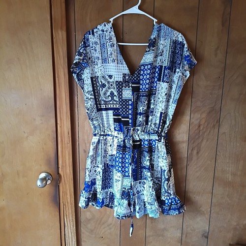 Blue B Women's Printed Romper Size Medium – Blue & White Boho – Elastic Waist