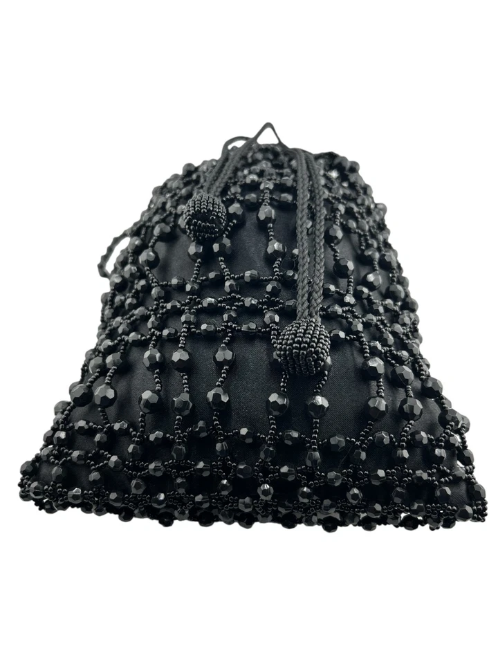 Bolsa de noite vintage preta com cordão de cetim com miçangas - Imagem 3 de 4