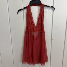 Victoria  s Secret Halter Top Babydoll Lingerie Sz: Medium Lace Sheer Red