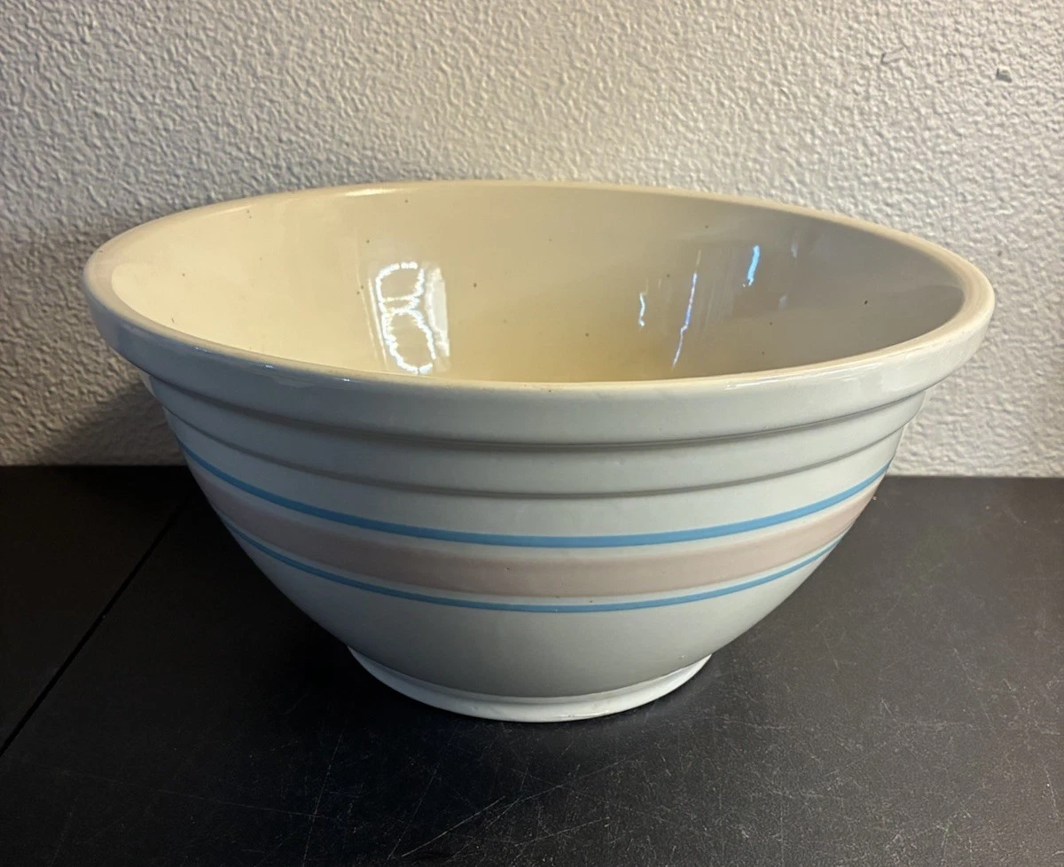Antique McCoy Pottery Mixing Bowl 14” Blue & Pink Striped Stoneware Yellow Ware