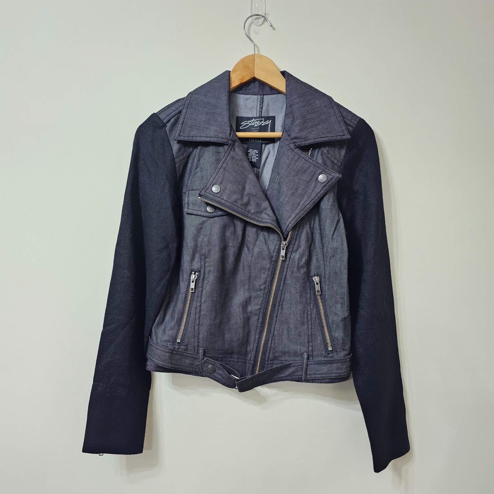 Stüssy women's denim biker jacket black sleeves size S Ryder Crop Moto Jacket thumbnail 3