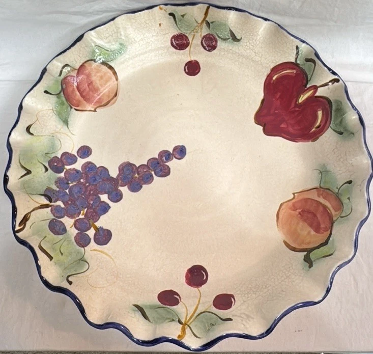 Pottery Large 13.5” Pie Dish Clouds Folsom 1997 Fruit Apple Peach Grape Cherries