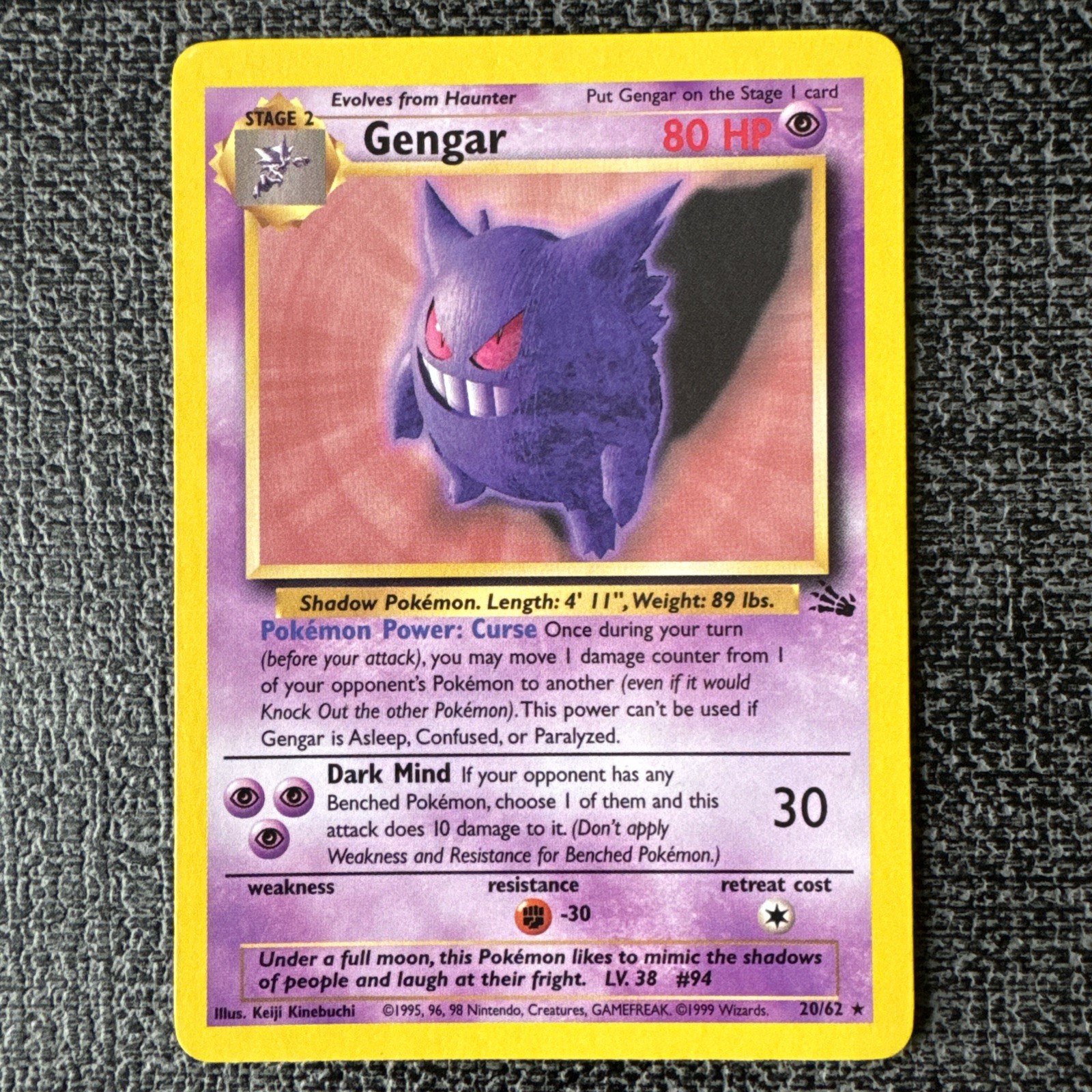 Vintage 1999 WOTC Pokémon Fossil Gengar 20/62 Non-Holo Rare LP Condition