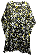 Winlar black yellow geometric print satiny women's kimono sleeve top OSFM/3X