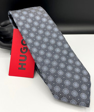 BOSS Hugo Boss Men's 100 Silk Tie  Grey  Geometric  Made in Italy 