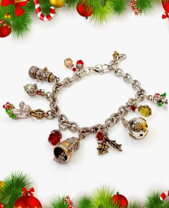 Brighton Holiday Christmas Story Silver Plate Crystal Womens Charm Bracelet 8.5” - Image 2 of 4