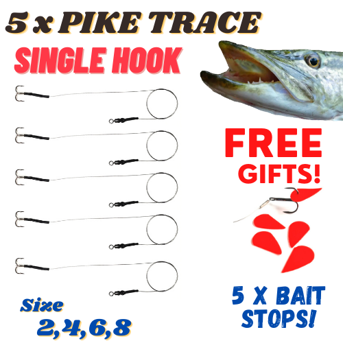 5 x Wire TRACE Pike Fishing Dead Bait Rig! SIZE 2 4 6 8 Barbed
