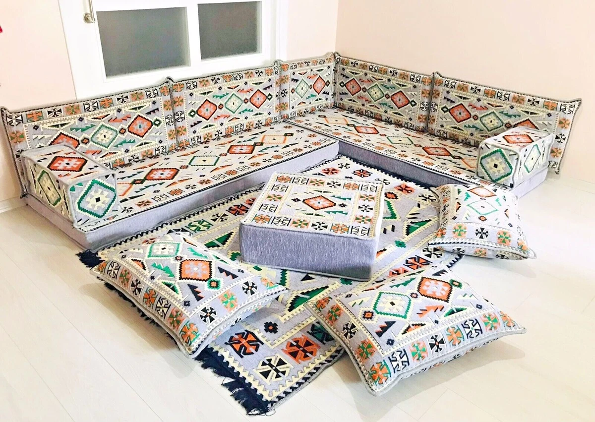 L Shaped Grey Arabic Lounge Floor Seating Sofa Set Corner Seating