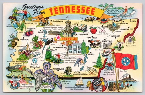 Mappa pittorica dello Stato del Tennessee, monumenti e attrazioni, cartolina d'epoca