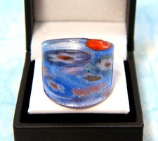 Bohemian style Blue abstract Flower Hand Blown Glass Bling Ring size 11.75