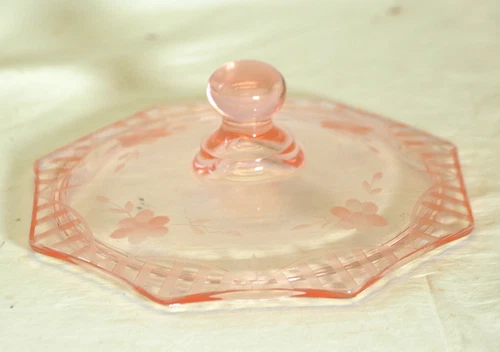 Elegant Pink Depression Glass Octagon Candy Dish Lid Only Wheel Cut Floral