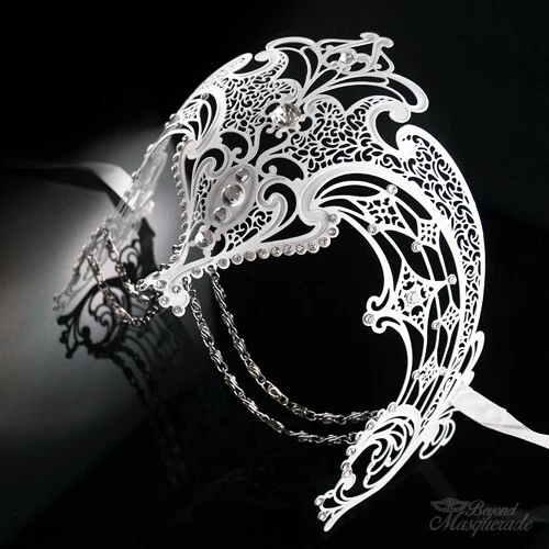 Womens Egyptian Chain Venetian Laser-Cut Filigree Metal Masquerade Mask [White] - Image 3 of 4