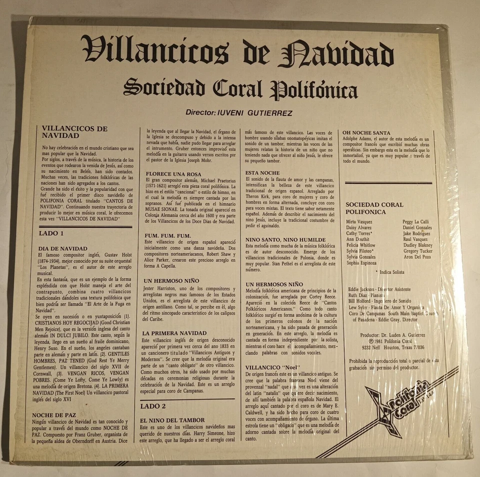 SOCIEDAD CORAL POLIFONICA - VILLANCICOS DE NAVIDAD - 1981 US LP, XMAS — 第 2/4 张图片