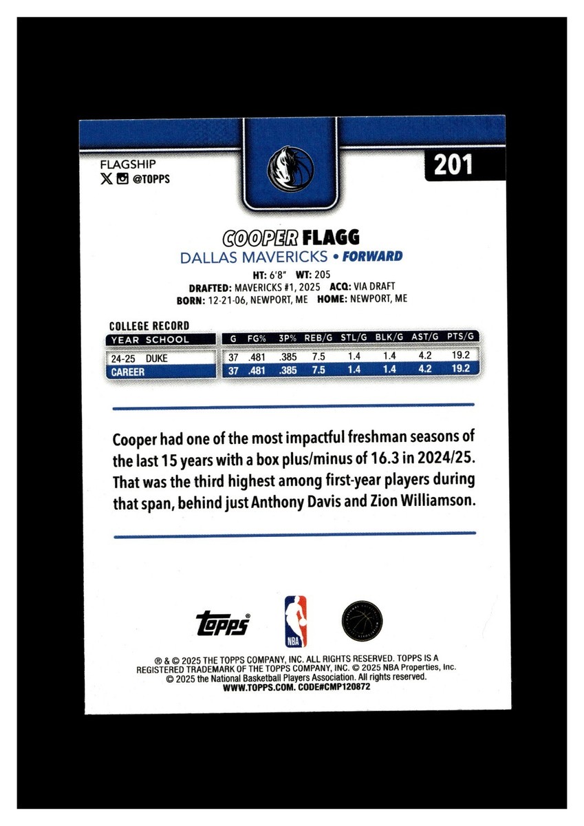 2025-26 Topps Holo Foil #201 Cooper Flagg RC Dallas Mavericks | eBay