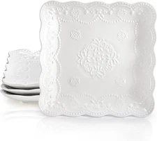 Set of 4 Square Embossed Ceramic Plate, 10 Inch Elegant Dinner Plates Ivory Whit