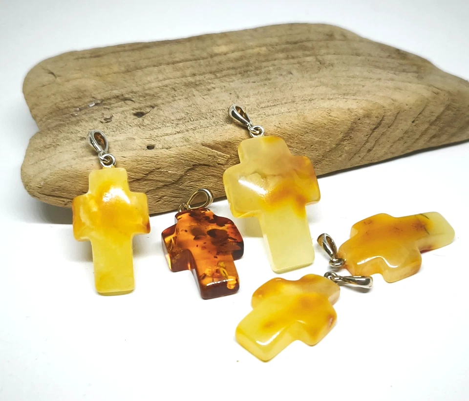 Lote de 5 colgantes cruz ámbar plata báltica natural 925 al por mayor joyas ámbar Foto 2 de 4