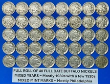 Buffalo Nickels Lot Roll of 40 FULL DATE Coins ~ Mostly 1930s and Mixed Mints