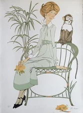 Philippe-Henri Noyer Lithograph Signed Woman with Monkey Ecole de Paris Lyon Art