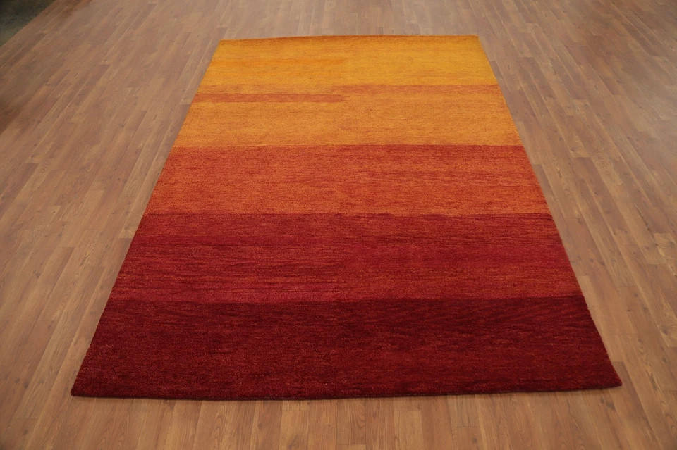 Alfombra moderna hecha a mano de lana naranja 6x8 en tonos cálidos de puesta de sol degradado de lujo Foto 2 de 4