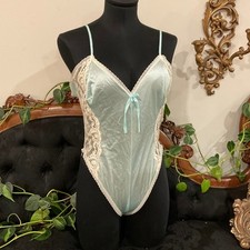 Vintage satin V-Neck Lingerie Bodysuit teddy Size M Blue
