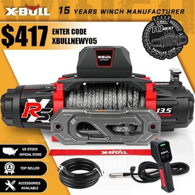X-BULL 13500LBS Winch 13.5K Winch 12V Synthetic Rope Towing Truck Trailer 4WD