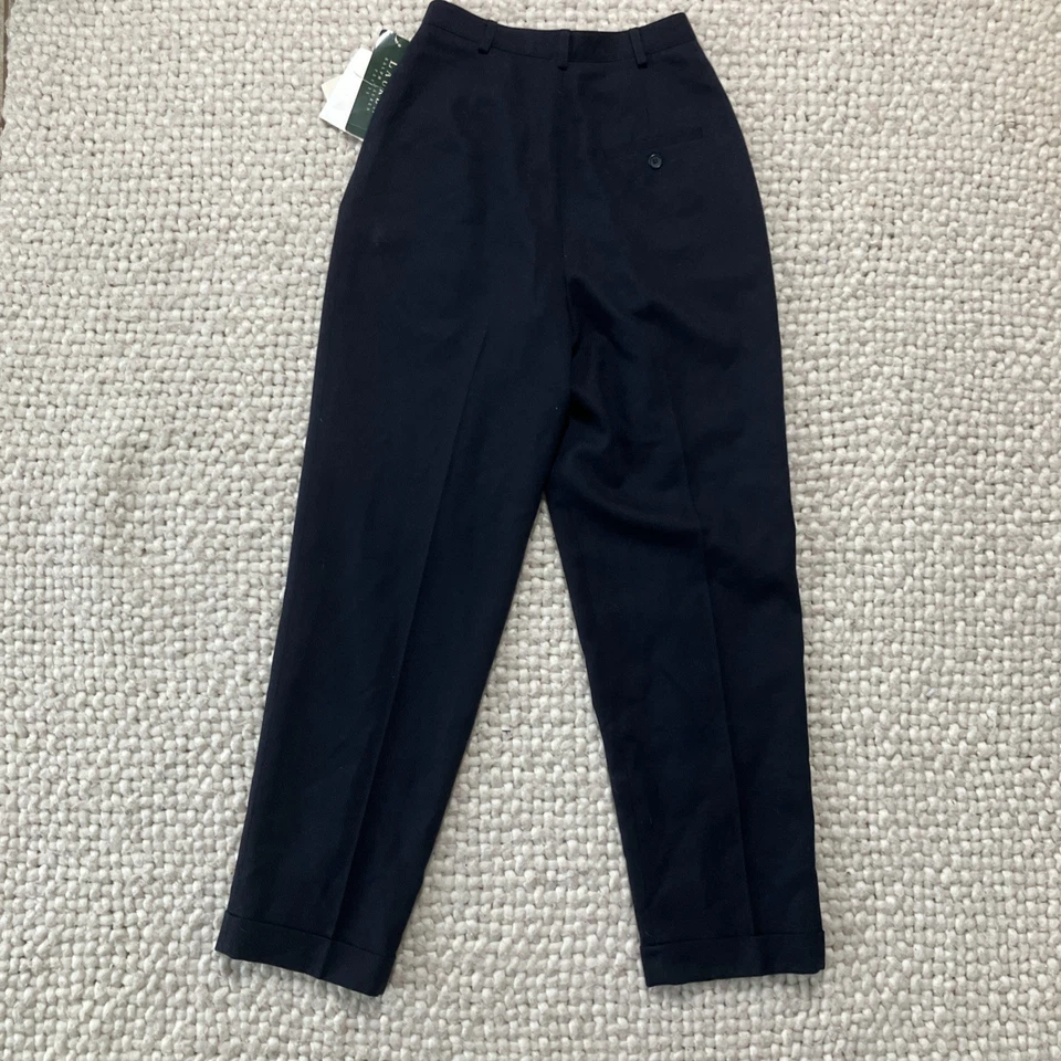 Calça Lauren Ralph Lauren de lã cintura alta plissada azul marinho tamanho 4 feita nos EUA nova com etiquetas - Imagem 2 de 4