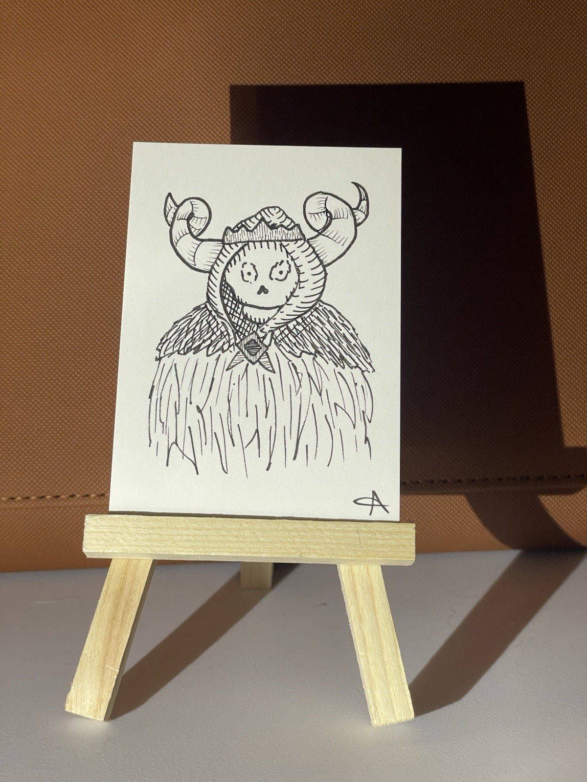 Cartoon Horned Skull Lich Ink Drawing Small Unframed ACEO