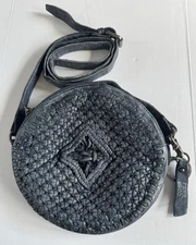 Frye and Co. Esme Distressed Leather Woven Front Blue 8 Inch Circle Bag