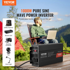 Pure Sine Wave Inverter, 1000W, DC 12V to AC 120V, 2 AC Outlets, 2 USB Ports, Ty