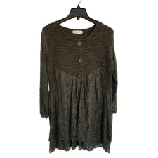 Simply Couture Dark Moss Green Gray Tunic Blouse w Lace & Knit VGC Pre-Owned
