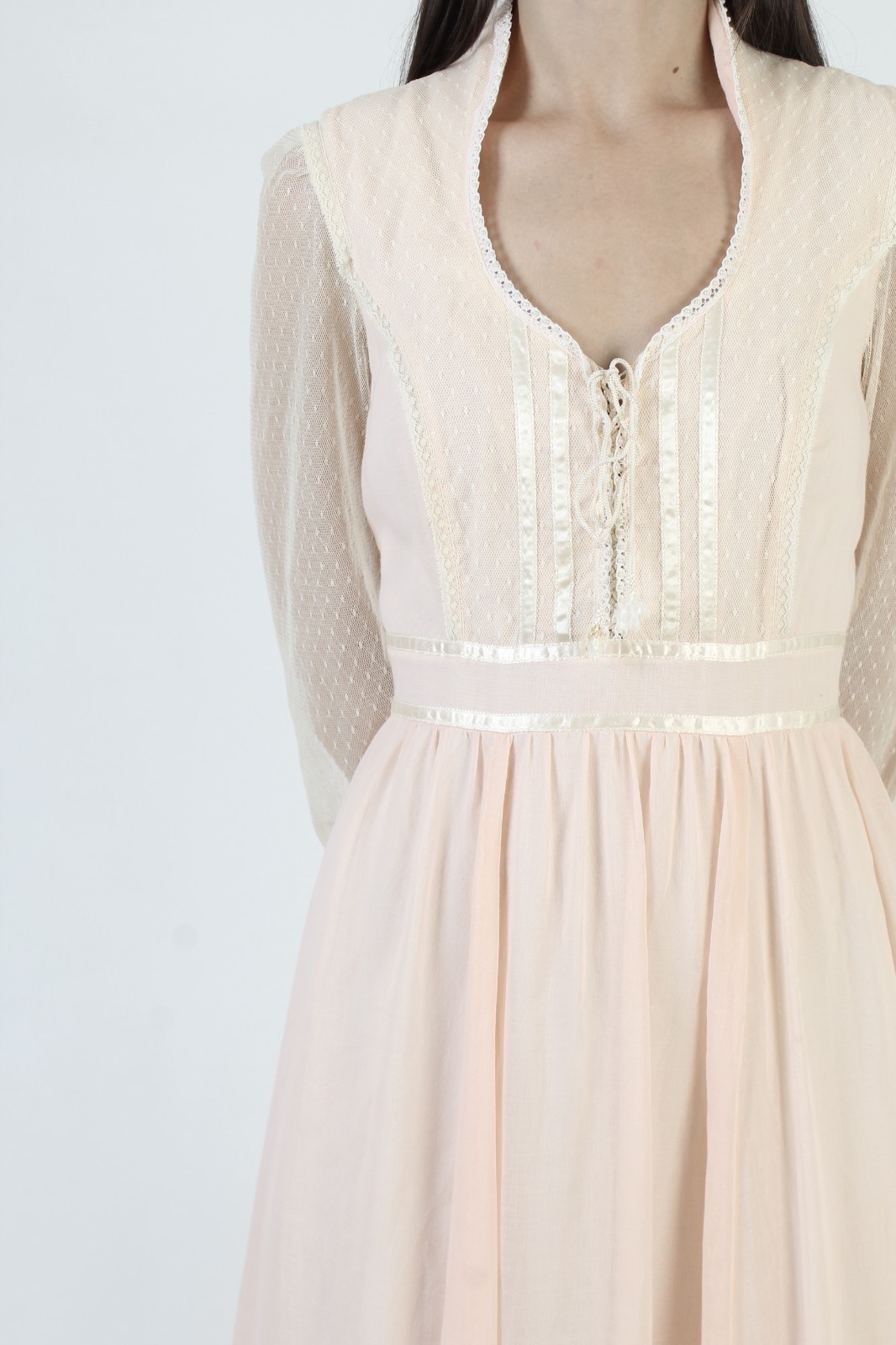 Vintage 70s Peach Gunne Sax Dress Lace Up Corset Prairie Wedding Gown Sz 11