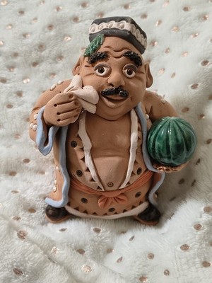 Watermelon Fruit Handmade Folk Art Fat Chef Statue Figurine Clay Art Signed