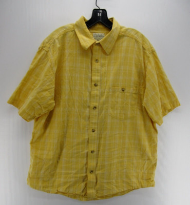 Cabelas Shirt Men Large Yellow Button Down Checkered Outdoor Pocket Camp Loose *
