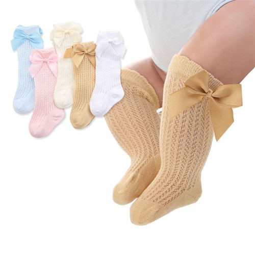 Soft Cotton Lace Socks - Solid Bow Knee High Long Sock Children Footwear 1Pair - Picture 3 of 33