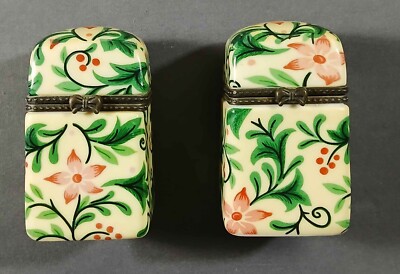 Small Ceramic Floral Trinket Jewelery Box Container Set Of Two With Hinged Lids