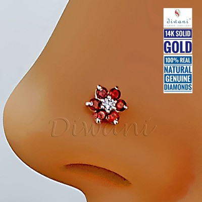 Diwani Natural Garnet & Diamond Flower Nose Lip Labret Piercing Ring Screw Stud