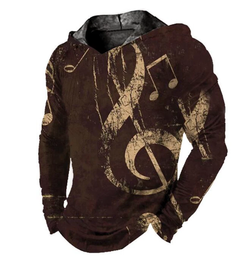 Men Hoodie Hooded Musical Note Music Treble Clef Brown T Shirt Party LightWeight