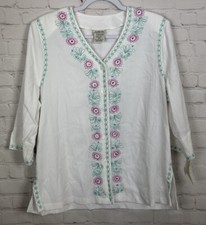 ALLISON DALEY white crinkle fabric embroidered accents 3/4 sleeve blouse 14P NWT