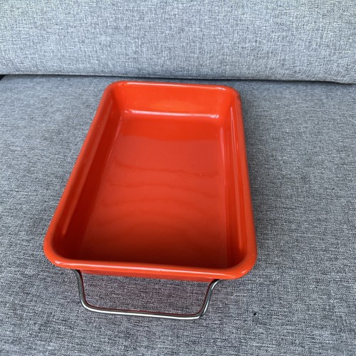 Vintage MCM Serviertablett Backgeschirr orange Metall mit Griff rechteckige Auflauf - Bild 3 von 8