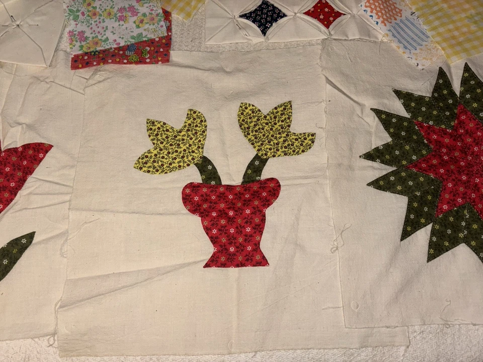 Antique Handmade Quilt Top Pieces & Material (Tulip, Star & Flower, Etc...) - Image 3 of 4