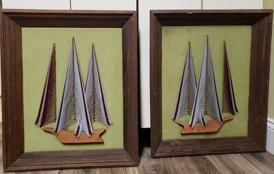 Framed Pair of Groovy Vintage MCM 1970 s String Art Ship Sailboat Retro 