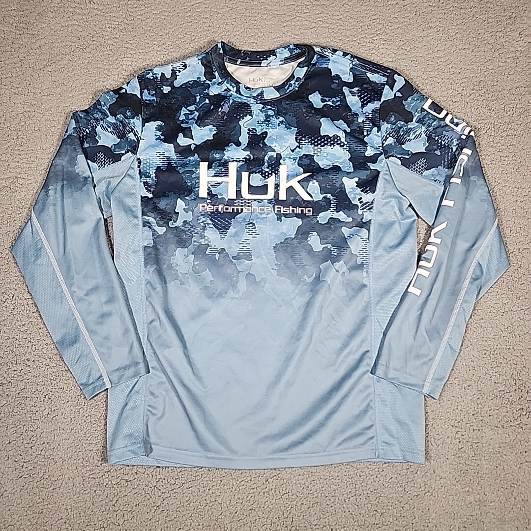 T-shirt Huk Youth Bleu Camouflage Taille M Occasion Parfait T-shirt Performance Huk Youth Manches Longues Bleu Camouflage – Taille M – Parfait Pour La Pêche Huet Jumelles