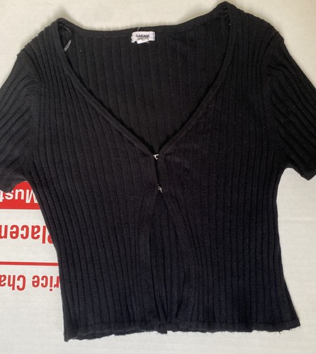 Garage Short Sleeve Cropped Black Blouse Sz S Latch Open Front Shirt Sexy - Picture 2 of 5