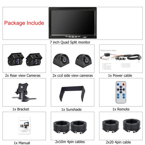 7" Quad Monitor 4x 4pin backup camera For Truck RV Caravan 360 Rear view Reverse - Picture 13 of 13
