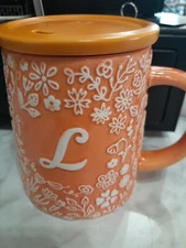 Peach Modern Expressions Coffe Mug Monogramed "L" With Lid Nice Preowned...